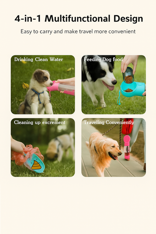 New ! Multifunction Dog Water Bottle – With Food Container, Waste Bags & Poop Scoop
