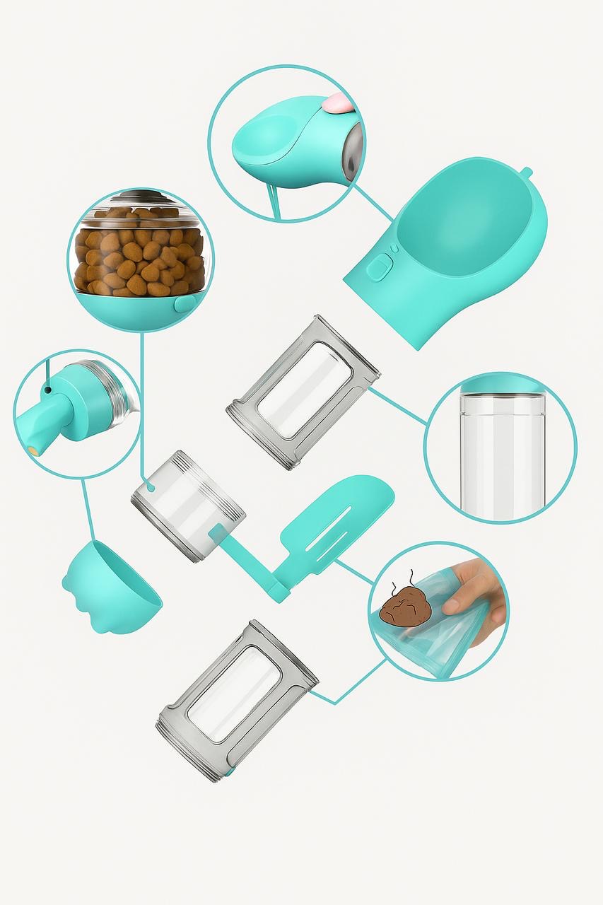 Multifunction Dog Water Bottle – With Food Container, Waste Bags & Poop Scoop